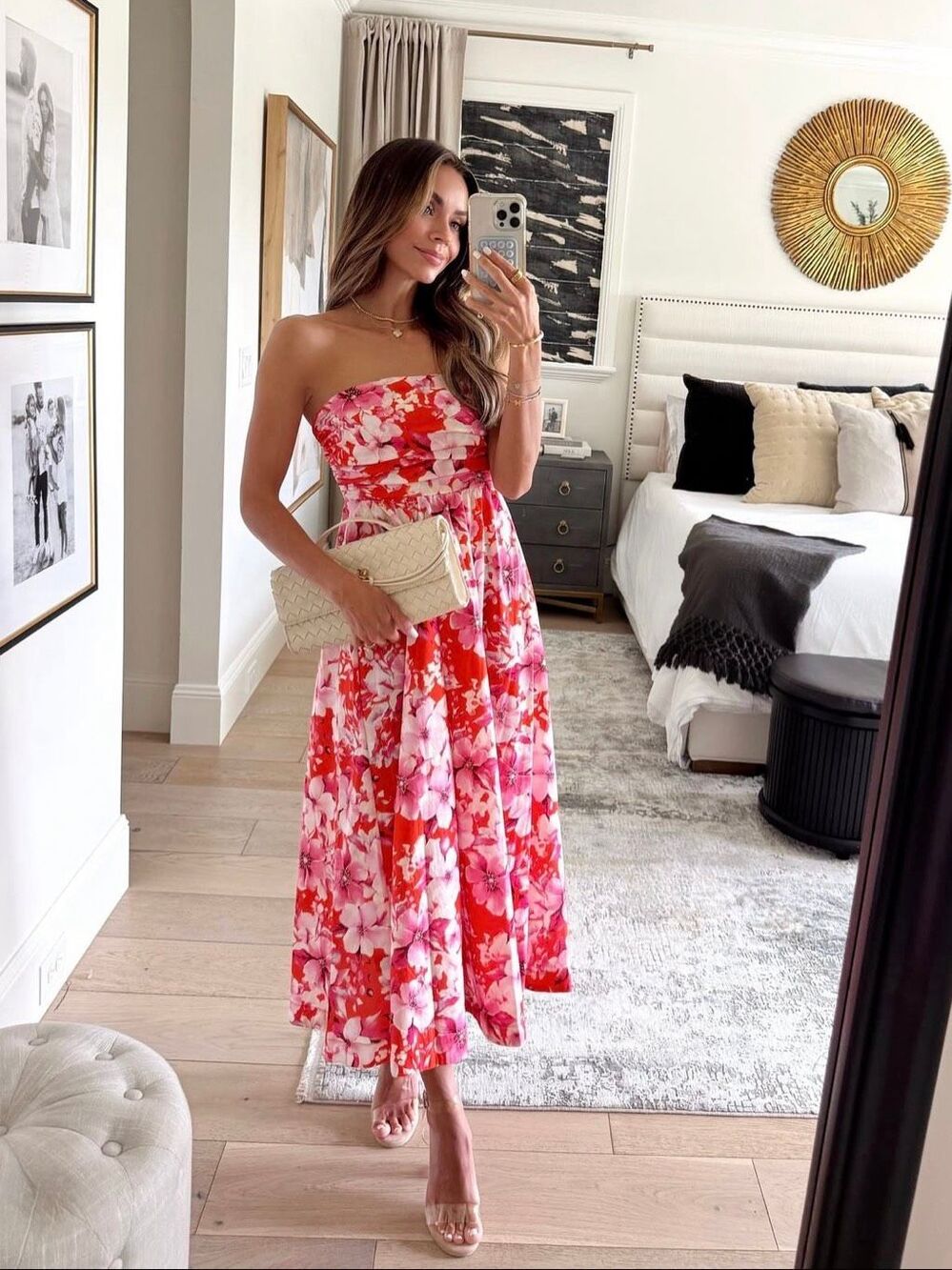 VICI Jaycie Orange Pink Floral Strapless Midi Dress Cotton Boho Summer Small